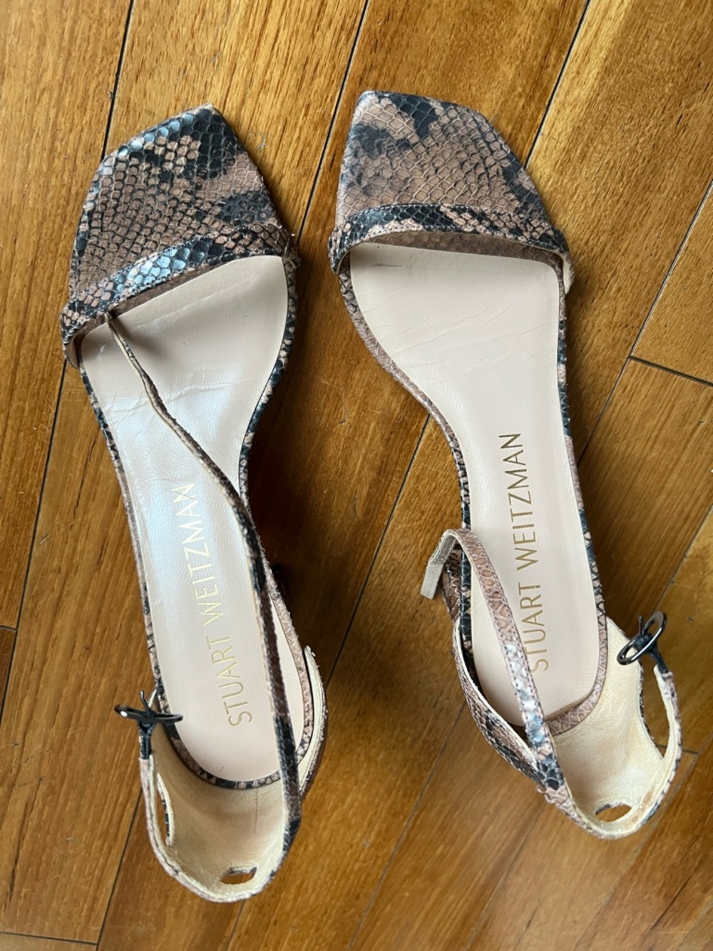 Stuart Weitzman Snake-Print Leather Ankle-Strap Sandals in Brown and Black